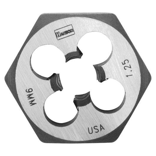 IRWIN 9737 hexagonal steel threading die, 9mm x 1.25 size, Hanson branding, top view, on white background.