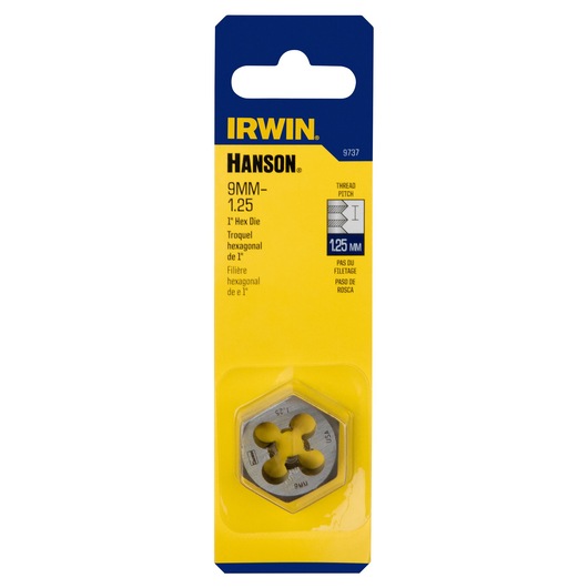 IRWIN 9737 hex die 9mm x 1.25mm in yellow and blue packaging, front angle, photography product.