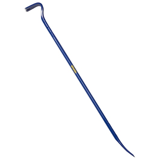 Photo of IRWIN IRHT55010 blue steel pry bar with curved and chisel end, side angle on white background.