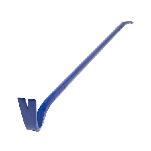 Photo of IRWIN IRHT55010 blue crowbar with angled prying end, shown on white background, hand tool category.