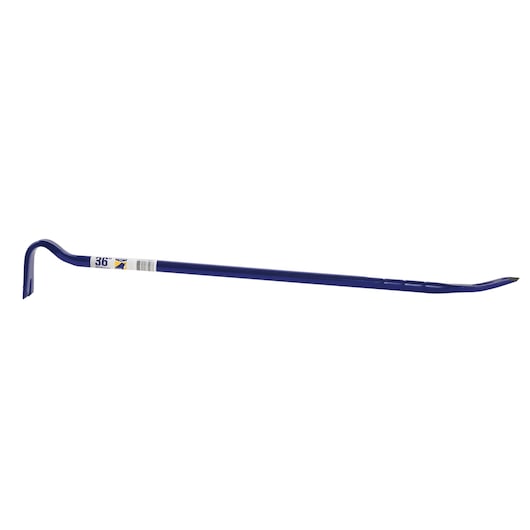 Photo of IRWIN 36 inch blue steel pry bar, SKU IRHT55011, shown from the side on white background.