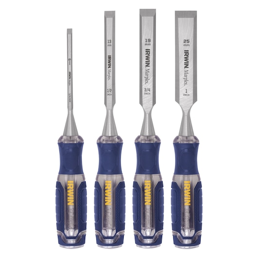 Photo of IRWIN chisel set IRHT82507, four sizes with blue and yellow ergonomic handles, front angle, white background.