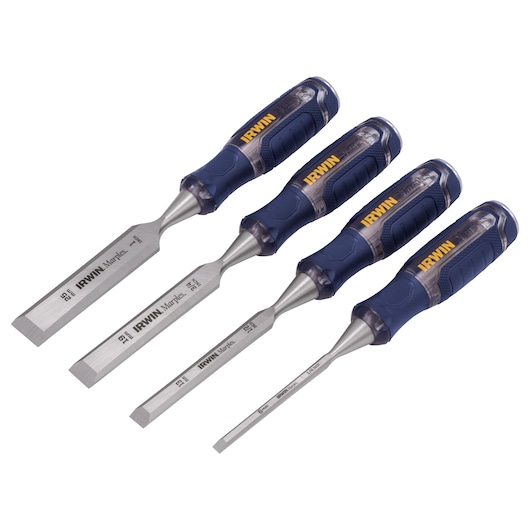 Photo of IRWIN chisel set IRHT82507 with four blue and yellow-handled chisels, flat side view, on white background.