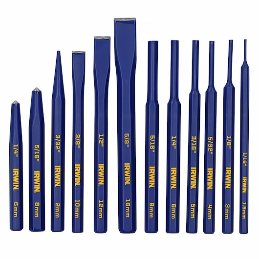 Photo of IRWIN IRHT82529 blue steel punch and chisel set, 14 pieces, with yellow labels, front view on white.