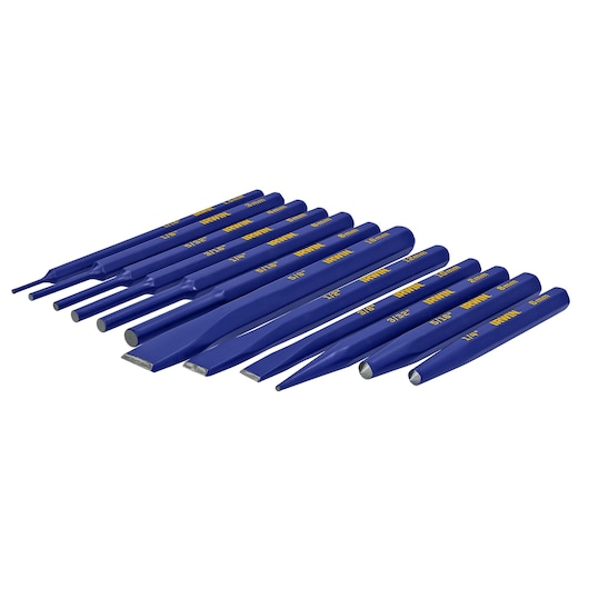 IRWIN IRHT82529 blue steel punch and chisel set, assorted sizes, angled view on white background.