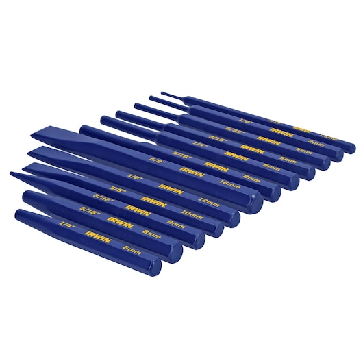 IRWIN IRHT82529 blue punch and chisel set, angled side view, yellow labeling, assorted sizes.