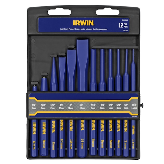 IRWIN IRHT82529 12-piece cold chisel and punch set, blue and black, in plastic case, front angle.