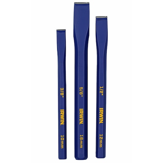 Photo of IRWIN IRHT82530 set of three blue cold chisels with yellow markings, front angle on white background.