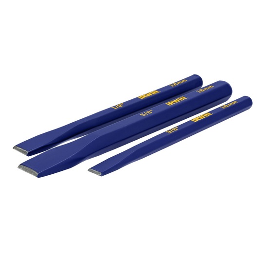 Photo of IRWIN IRHT82530 set of three blue cold chisels with flat tips, angled view on white background.