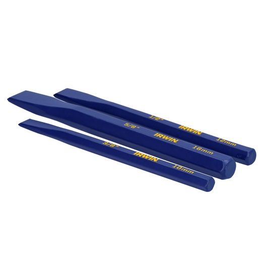 IRWIN IRHT82530 set of three blue cold chisels in different sizes, angled side view on white background.
