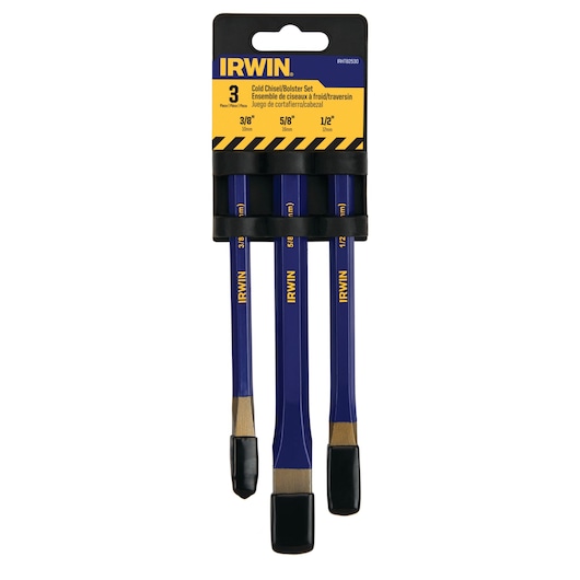 IRWIN IRHT82530 cold chisel and bolster set, 3-piece, blue and yellow, front view on white background.