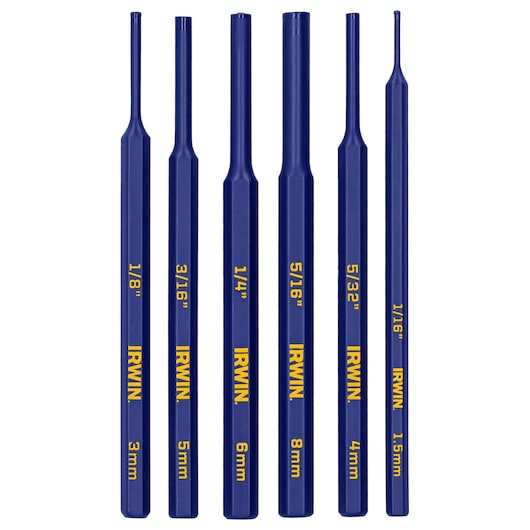 Photo of IRWIN IRHT82531 punch and chisel set, six blue tools with yellow size markings, displayed upright on white background.