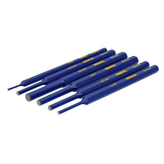 IRWIN IRHT82531 set of six blue-handled steel pin punches in assorted sizes, angled on white background.