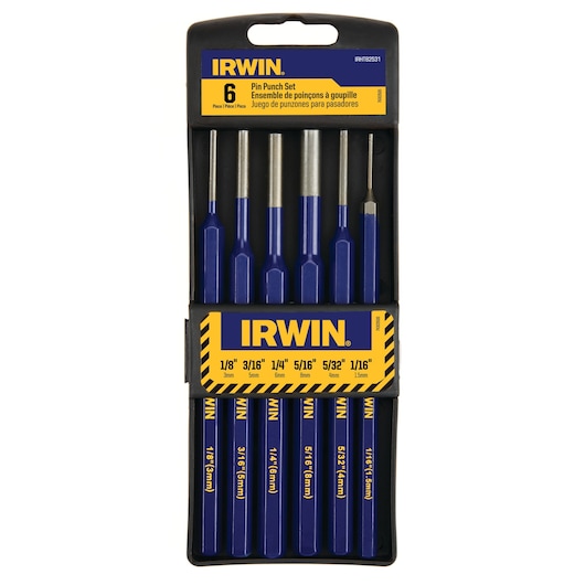 IRWIN IRHT82531 pin punch set, 6-piece, blue and yellow packaging, front view on white background