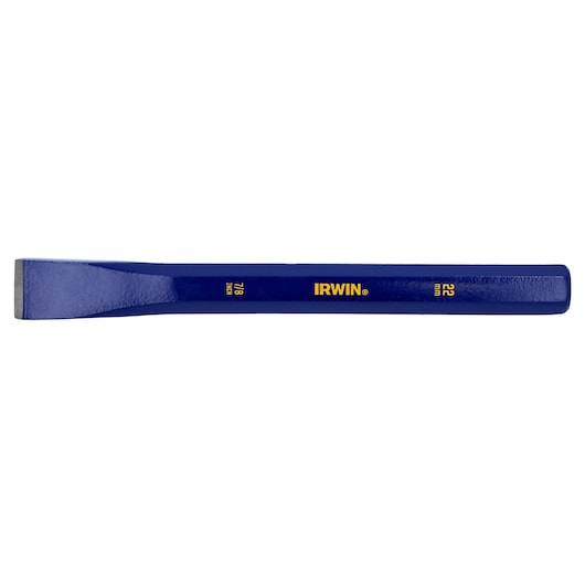 IRWIN IRHT82532 blue cold chisel with flat edge, side view on white background.