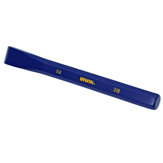 Photo of IRWIN IRHT82532 blue cold chisel, 22 mm, angled view, product name and size in yellow text.