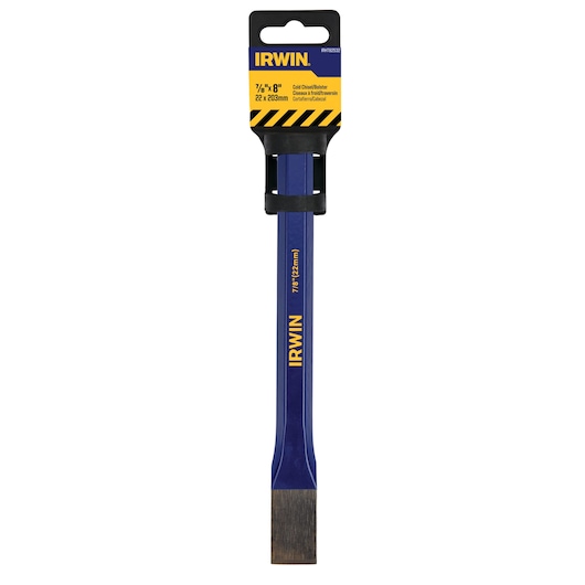 IRWIN IRHT82532 cold chisel, blue with yellow branding, straight angle, 7/8 inch by 8 inch size, white background.