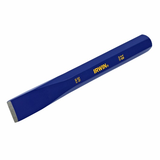 Photo of IRWIN IRHT82533 blue flat cold chisel with yellow text, 19 mm size, angled on white background.