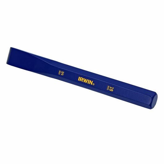 Photo of IRWIN IRHT82533 blue hex cold chisel with yellow branding, angled on white background.