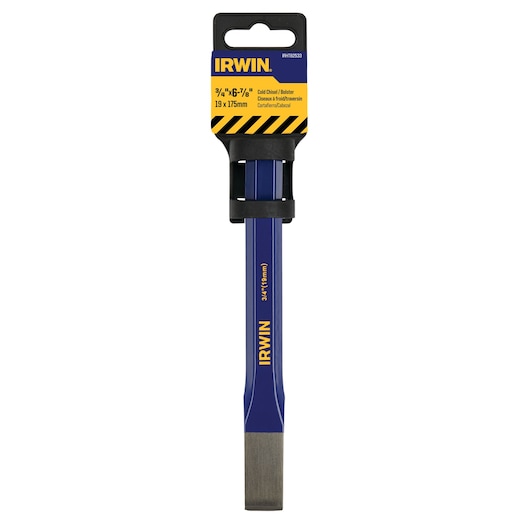 Photo of IRWIN IRHT82533 cold chisel with blue handle, yellow text, and black hand guard, front angle.