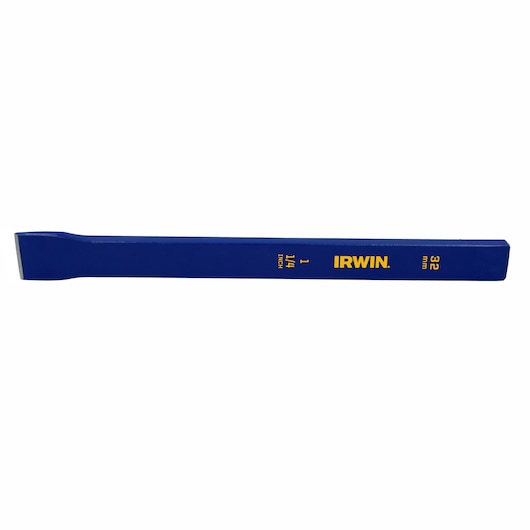 Photo of IRWIN IRHT82534 blue cold chisel with yellow markings, side angle on white background.