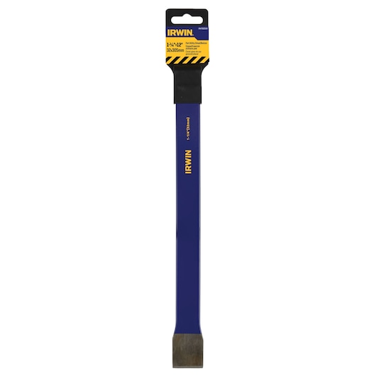 IRWIN blue cold chisel with wide flat blade, yellow branding, front angle, IRHT82534.