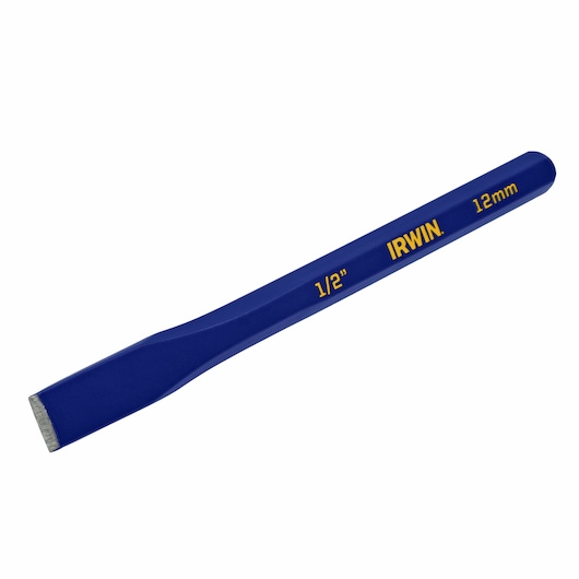 IRWIN IRHT82535 blue flat chisel, 1/2 inch 12mm size, side angle on white background.