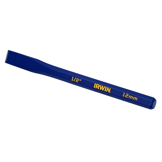 IRWIN IRHT82535 blue flat cold chisel, 1/2 inch, 12mm, side angle on white background