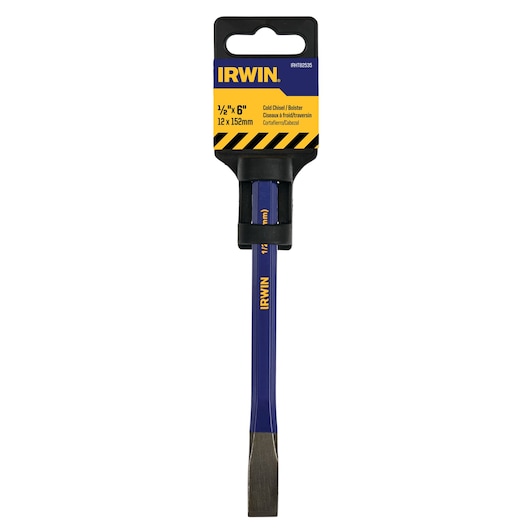 IRWIN cold chisel IRHT82535, blue handle, front angle, with protective holder, 1/2" x 6" size.