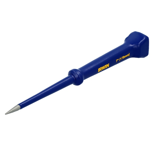 IRWIN IRHT82536 blue steel center punch, 7 inch, product side view on white background.