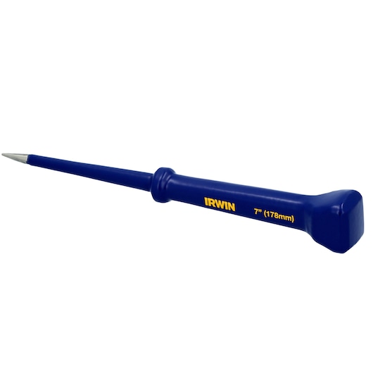IRWIN IRHT82536 blue steel center punch tool, 7 inch, side angle on white background.