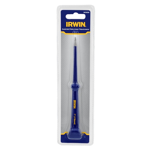 IRWIN scratch awl IRHT82536, blue handle, 7 inch, packaged, product photo, front angle