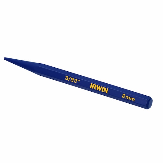 IRWIN blue steel punch tool, 3/32 inch 2mm size, SKU IRHT82537, side angle photo on white background.