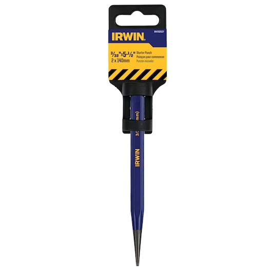 IRWIN starter punch IRHT82537, blue and yellow tool, front angle on white background.