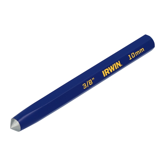 Photo of IRWIN 3/8 inch cold chisel 10mm, SKU IRHT82538, blue steel hand tool, angled white background.