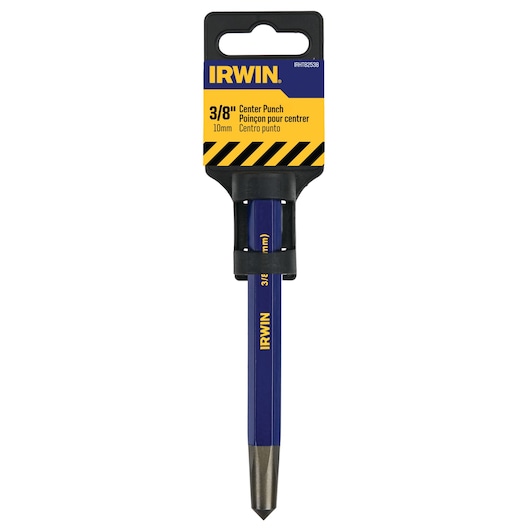 IRWIN IRHT82538 3/8 inch center punch with blue hexagonal handle and yellow text, front angle on white background.