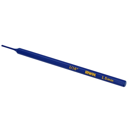 IRWIN IRHT82539 blue hex punch, 1/16 inch and 1.5mm size, side angle on white background.