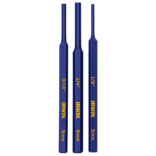 IRWIN IRHT82540 set of three blue hex punches with yellow size markings, front angle, photography.