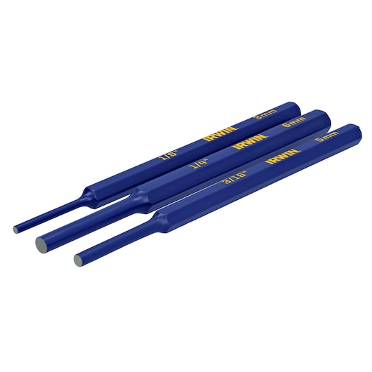 IRWIN punch set IRHT82540, three blue steel punches with yellow branding, angled view on white background.