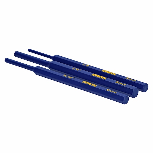 IRWIN IRHT82540 blue hex punch set with three sizes, side angle photo on white background