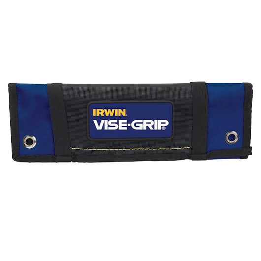 Photo of IRWIN tool roll IRHT82572, black and blue fabric with metal grommets and VISE-GRIP logo, front angle.