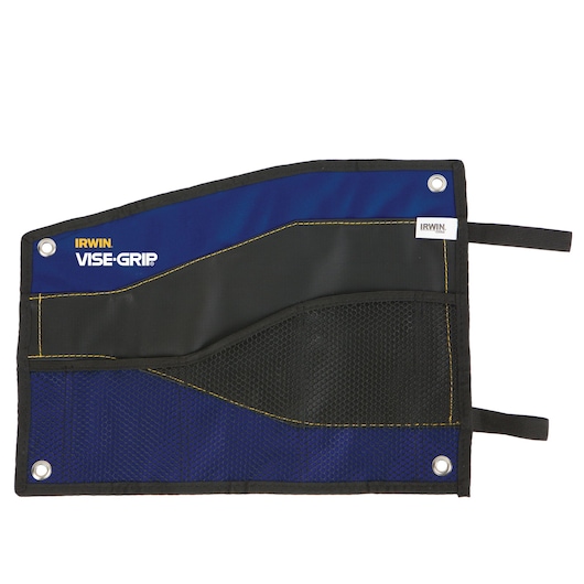 Photo of IRWIN tool roll, SKU IRHT82572, in blue and black with mesh pockets, flat lay on white background.