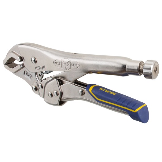 Photo of IRWIN IRHT82573 locking pliers with blue and yellow comfort grip, side angle on white background.
