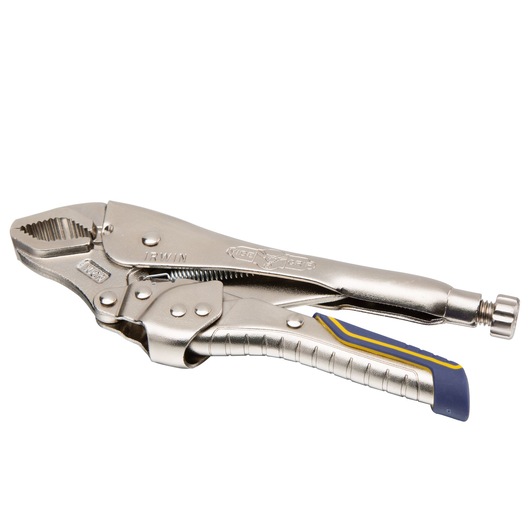 IRWIN IRHT82573 locking pliers with curved jaws, silver finish and blue rubber grip, angled view on white background.