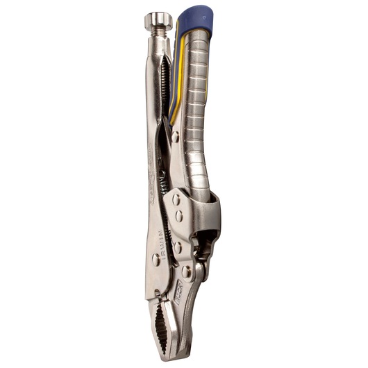 IRWIN locking pliers with metallic finish and blue-yellow grip IRHT82573, front angle, white background.