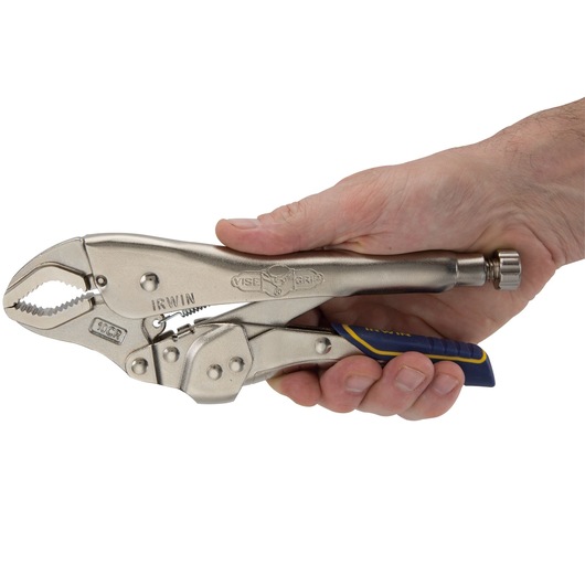 Photo of IRWIN IRHT82573 locking pliers with blue and yellow handle, held in a hand, side angle.