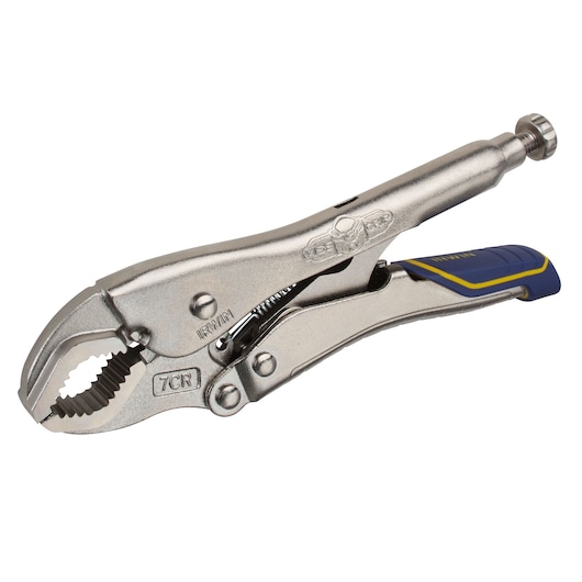 Photo of IRWIN IRHT82574 locking pliers with curved jaws and blue and yellow grip, side angle on white background.