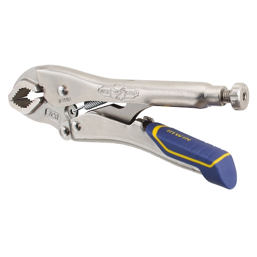 IRWIN locking pliers with blue and yellow grip, side view, SKU IRHT82574.