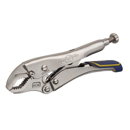 Photo of IRWIN IRHT82575 locking pliers with silver finish, curved jaw, and blue and yellow handle grip, side angle.