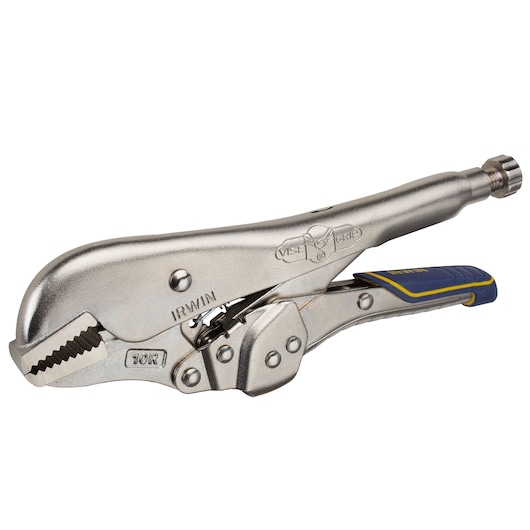IRWIN IRHT82576 locking pliers with metallic finish and blue-yellow handle, side angle on white background.